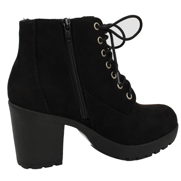 Black Lace Up Faux Suede Lug Heel Ankle Boot - Picture 3 of 7